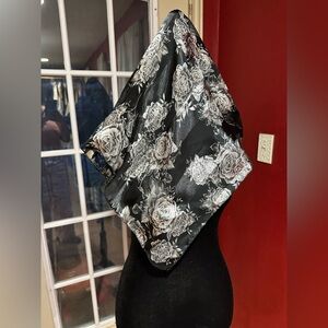 Vintage Korea Black Floral Striped Polyester Scarf 21x21” Square Rose Print